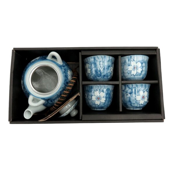 Porcelain TEA SET with Blue and White Floral Design in Box Japanese Vintage - Picture 2 of 13
